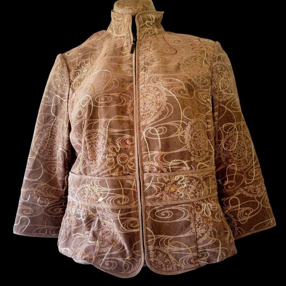 Brown Embroidered Paisley Zip-Up Jacket With High Collar & Back Buttoned details - Picture 2 of 15